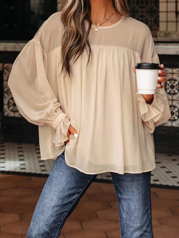 Contour Relaxed Fit Ruffle Sleeve Blouse - Beige - Long Sleeve