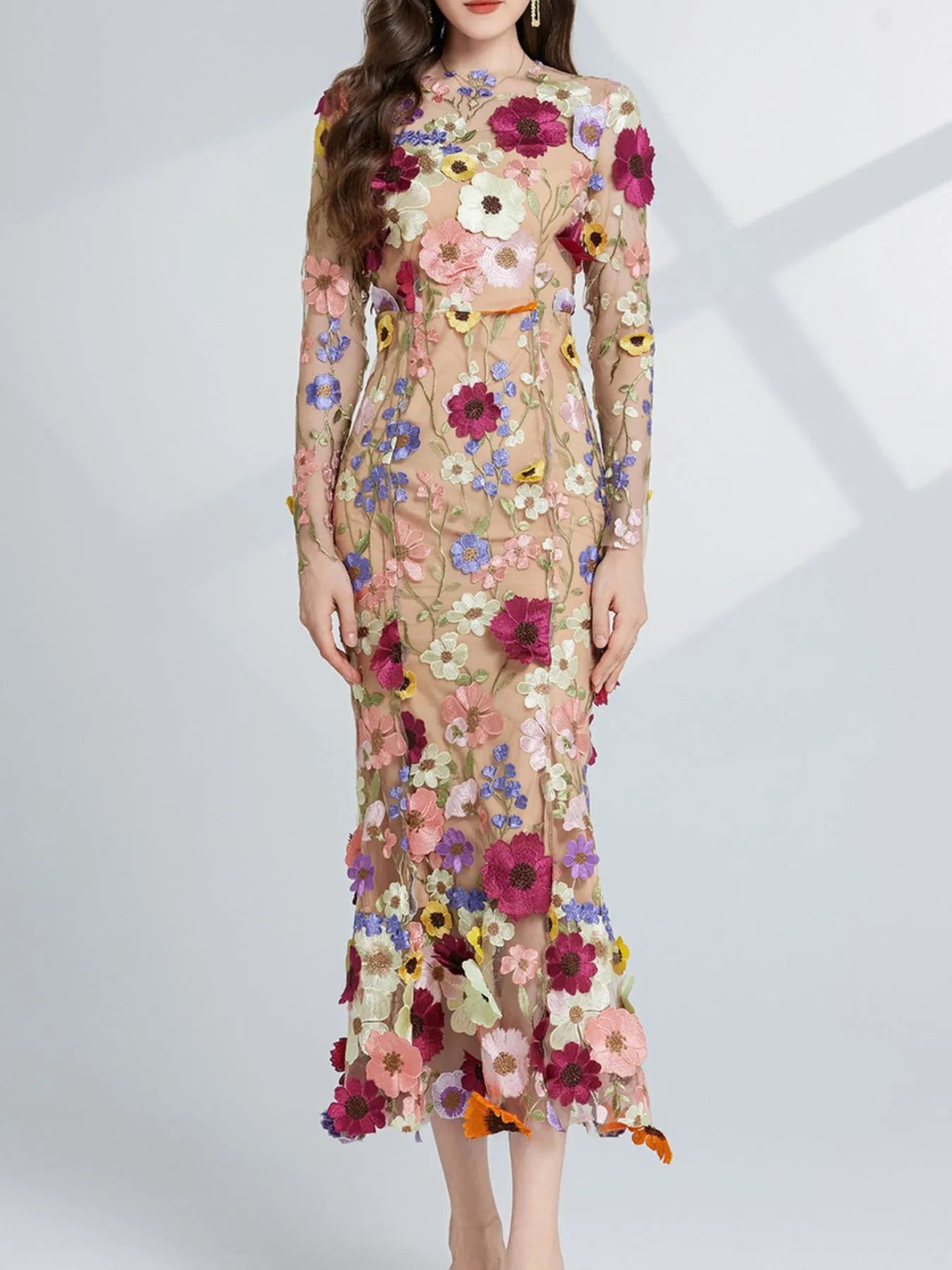 Floral Embroidered Mesh Long Sleeve Midi Dress - Image 7