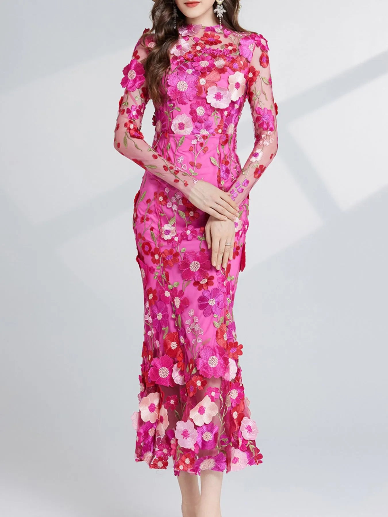Floral Embroidered Mesh Long Sleeve Midi Dress - Image 16