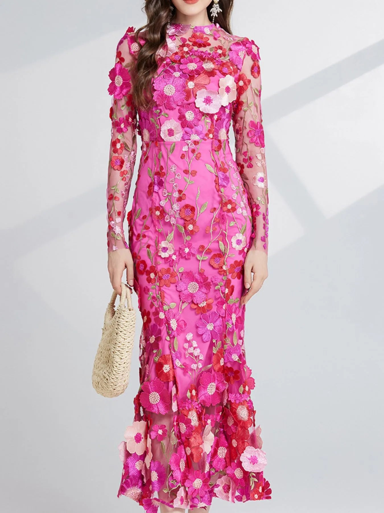 Floral Embroidered Mesh Long Sleeve Midi Dress - Image 15