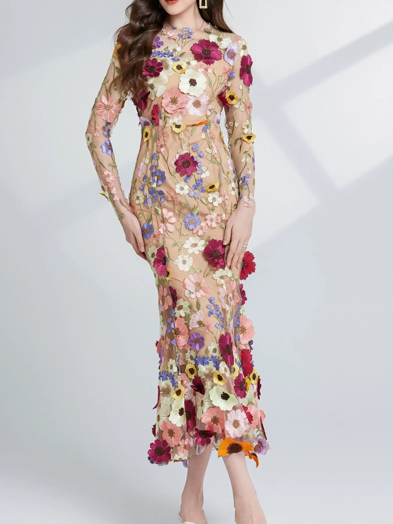 Floral Embroidered Mesh Long Sleeve Midi Dress - Image 5