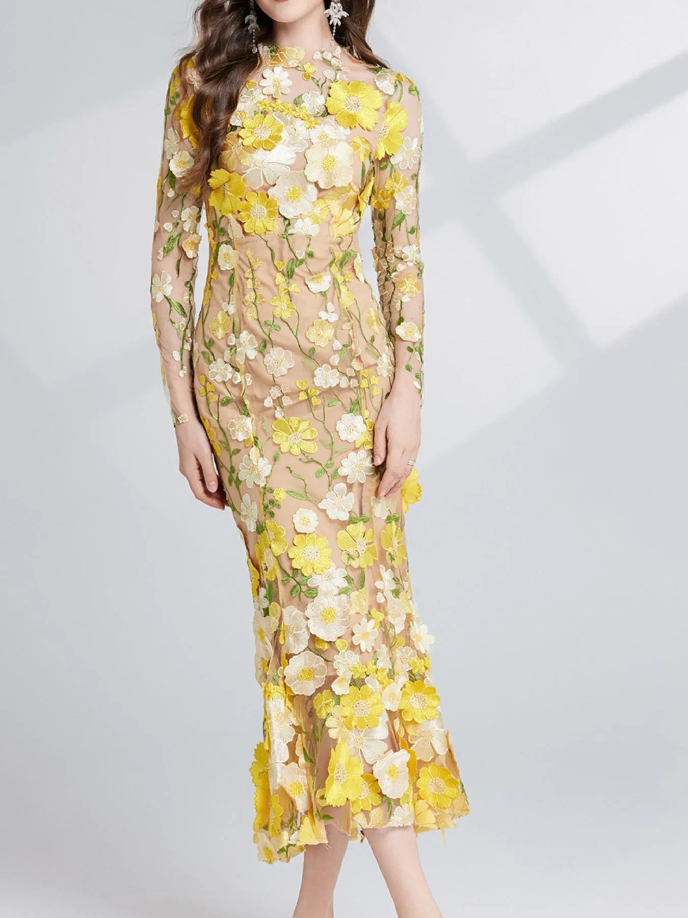 Floral Embroidered Mesh Long Sleeve Midi Dress - Image 19
