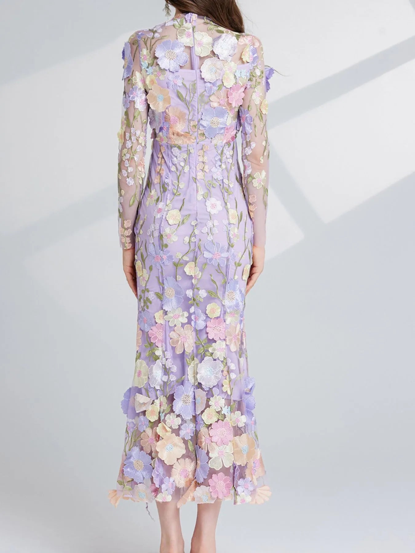 Floral Embroidered Mesh Long Sleeve Midi Dress - Image 12