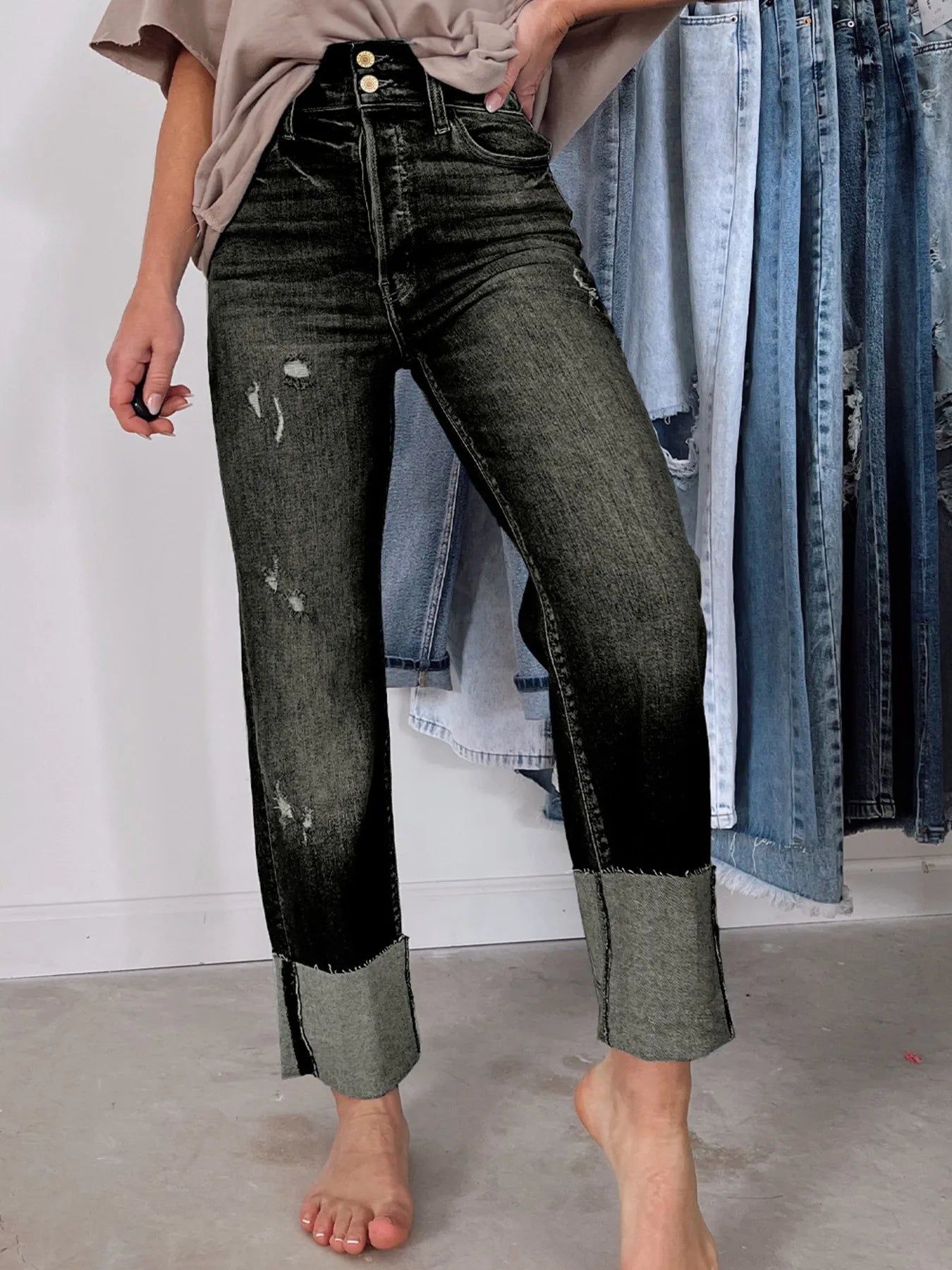 minbolu High Waist Jeans Distressed Straight Leg Blue Light Blue Black - Image 20