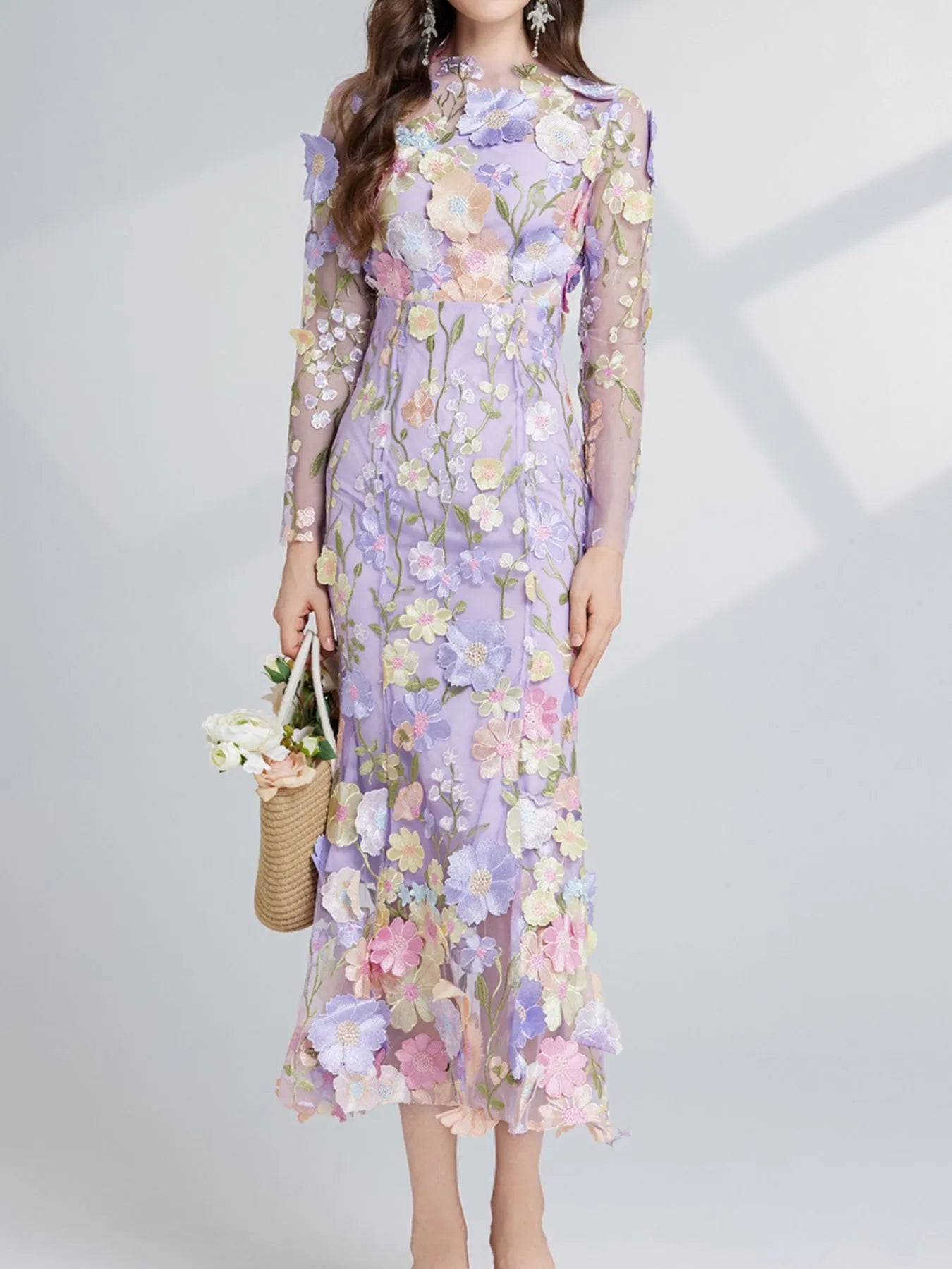 Floral Embroidered Mesh Long Sleeve Midi Dress - Image 11