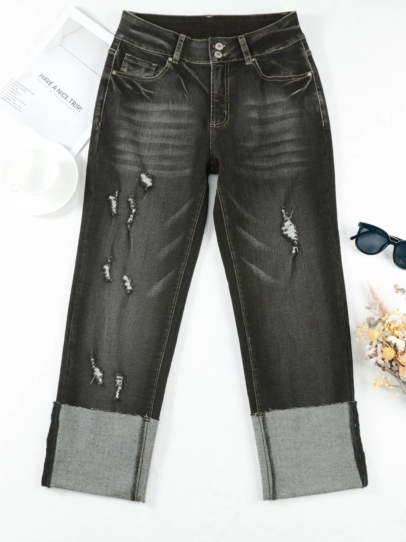 minbolu High Waist Jeans Distressed Straight Leg Blue Light Blue Black - Image 21