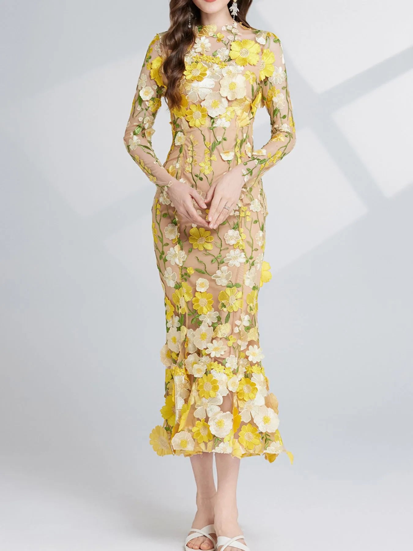 Floral Embroidered Mesh Long Sleeve Midi Dress - Image 21
