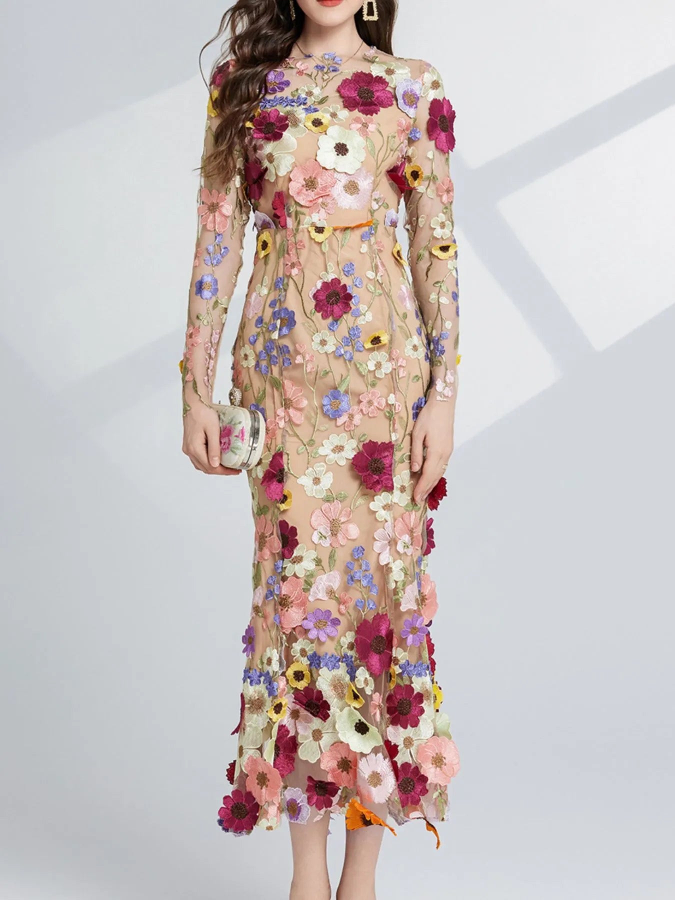 Floral Embroidered Mesh Long Sleeve Midi Dress - Image 4