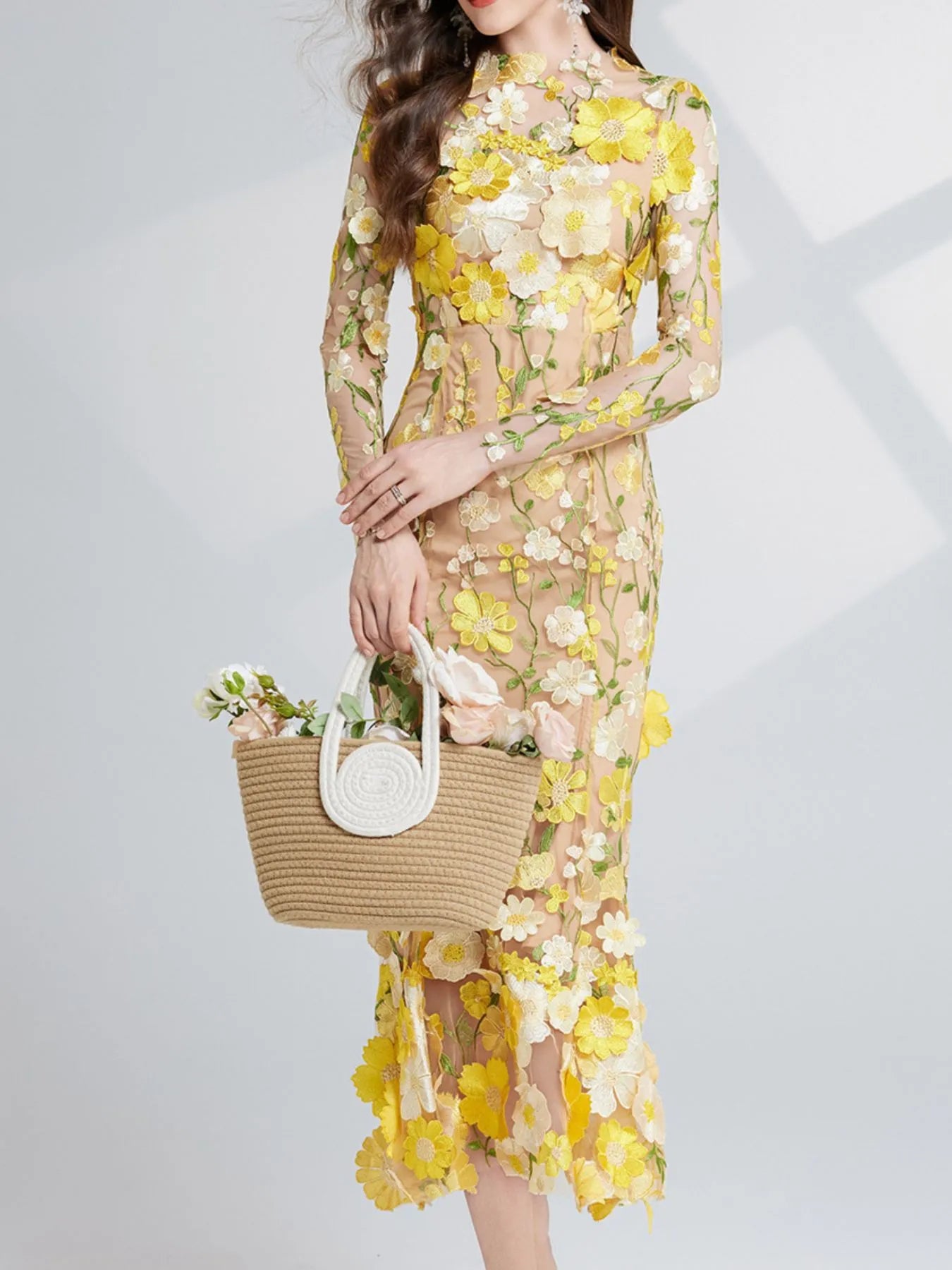 Floral Embroidered Mesh Long Sleeve Midi Dress - Image 18