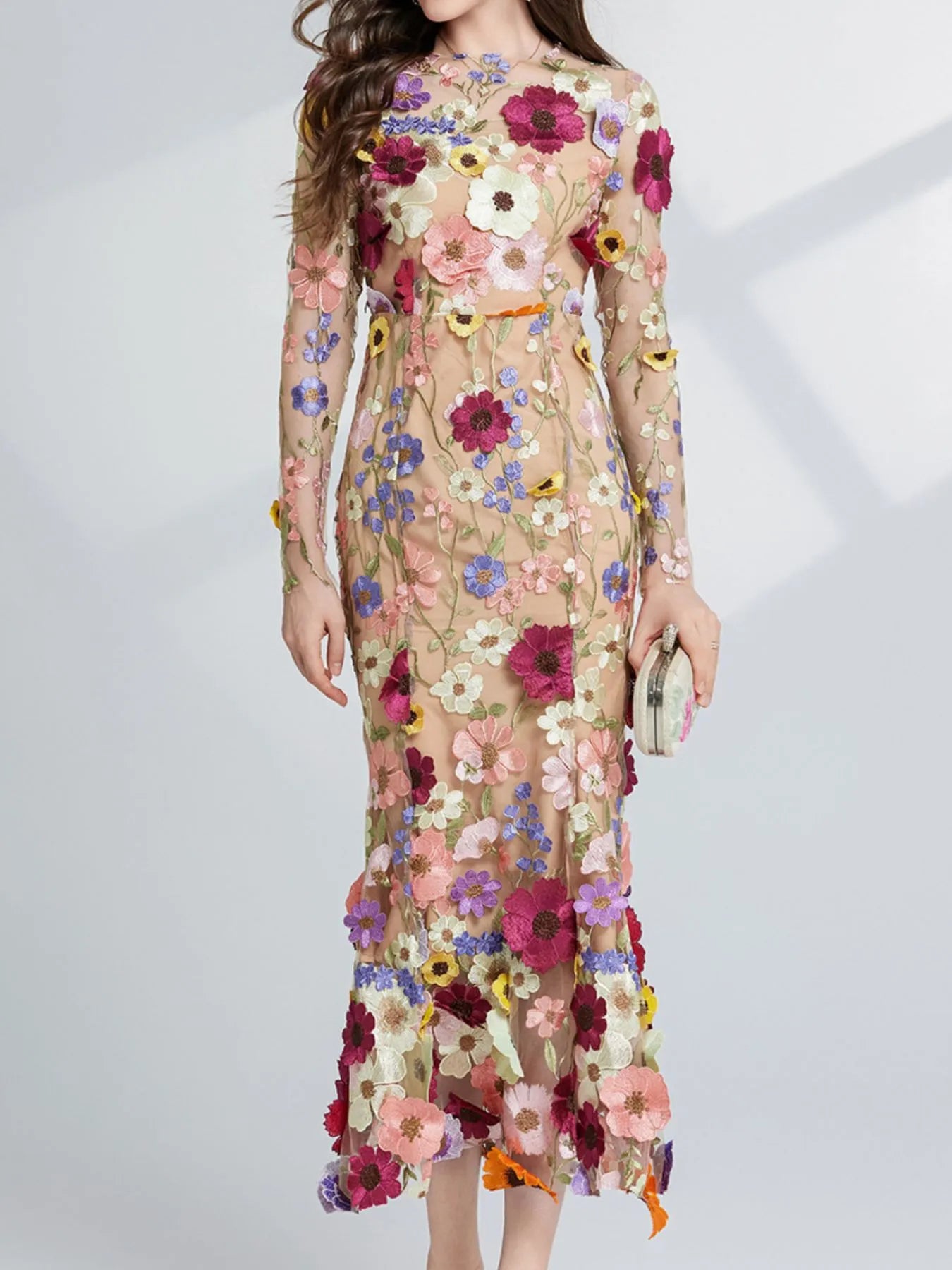 Floral Embroidered Mesh Long Sleeve Midi Dress - Image 3