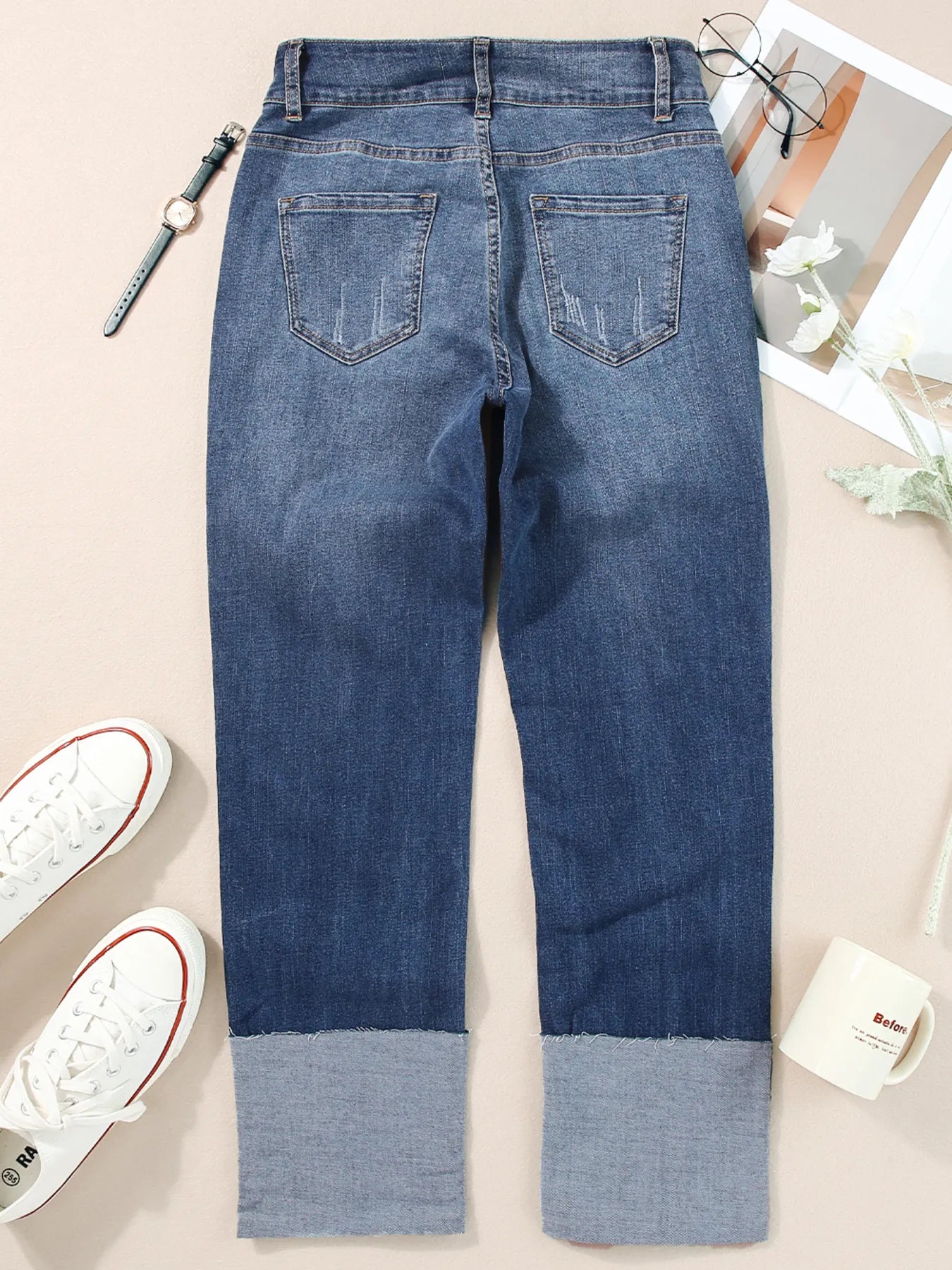 minbolu High Waist Jeans Distressed Straight Leg Blue Light Blue Black - Image 15