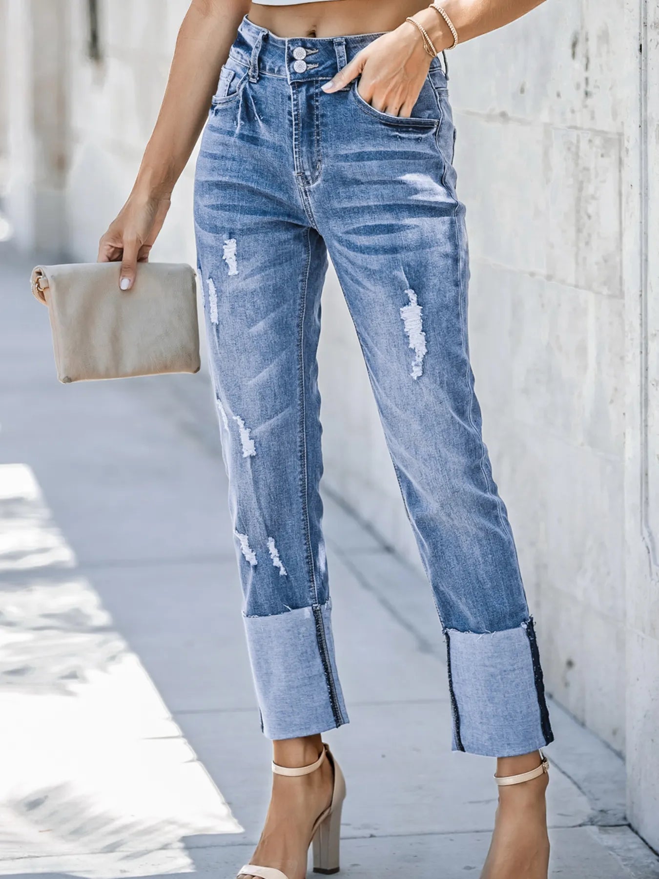 minbolu High Waist Jeans Distressed Straight Leg Blue Light Blue Black