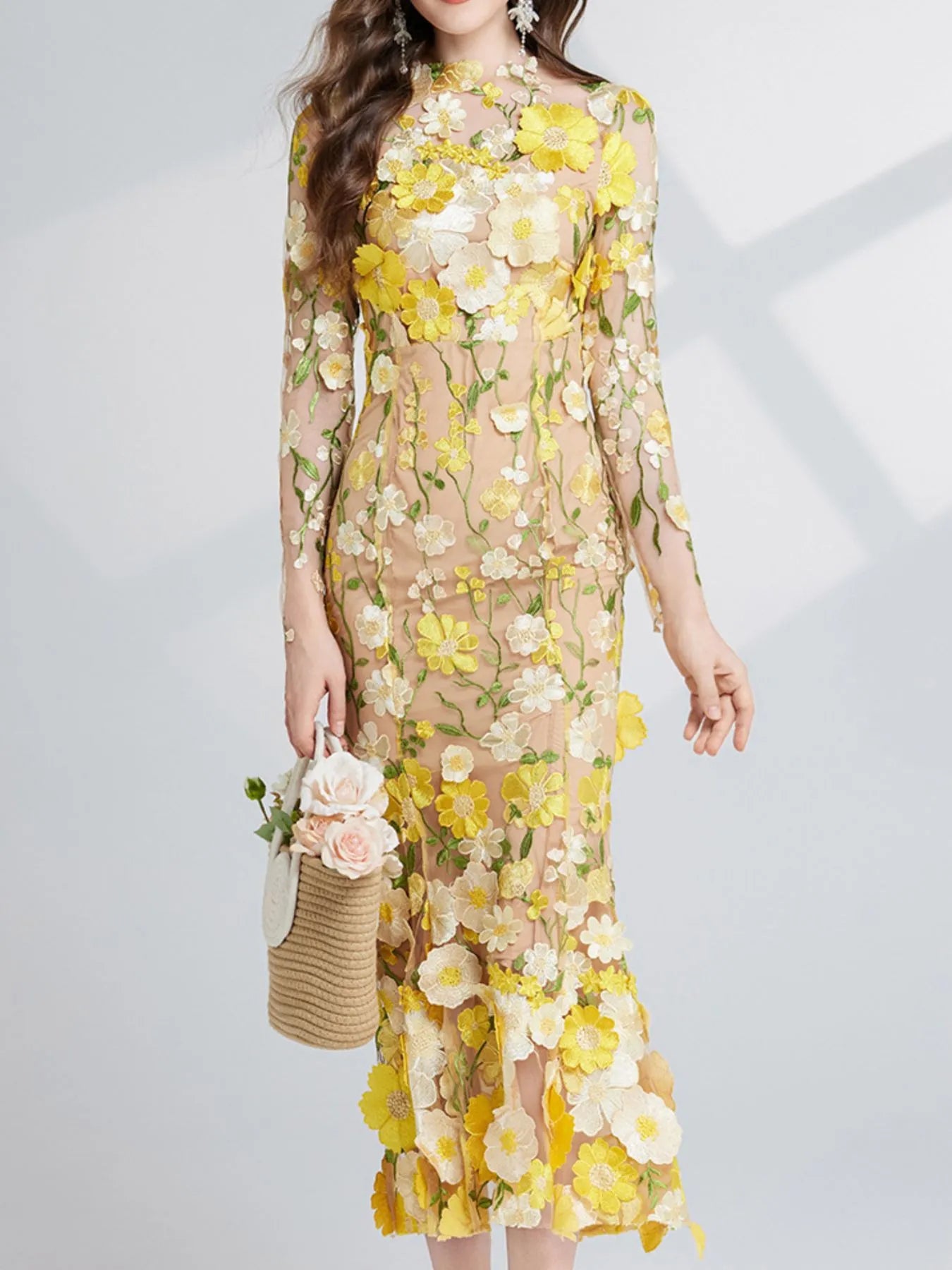 Floral Embroidered Mesh Long Sleeve Midi Dress - Image 22