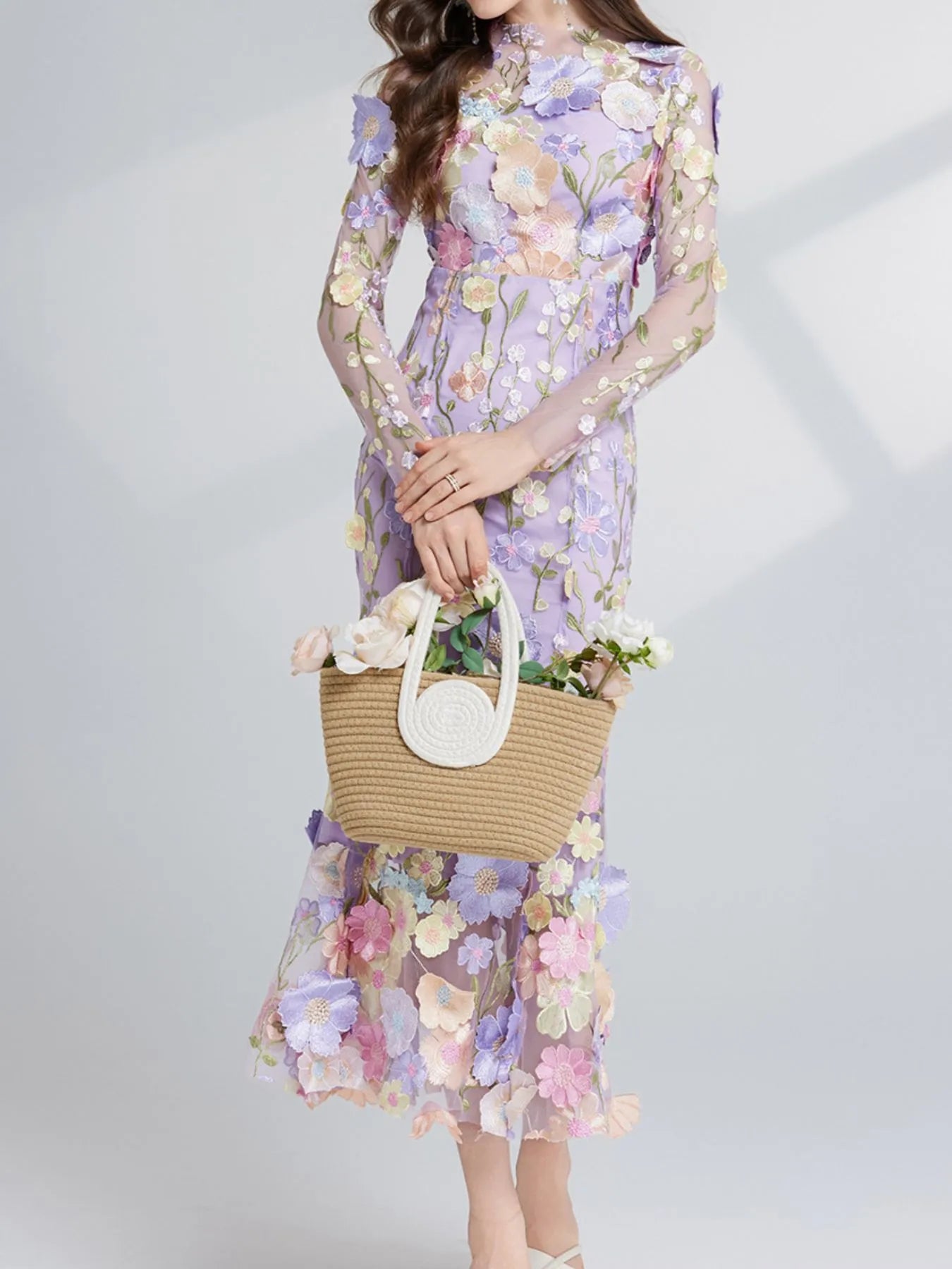 Floral Embroidered Mesh Long Sleeve Midi Dress - Image 9