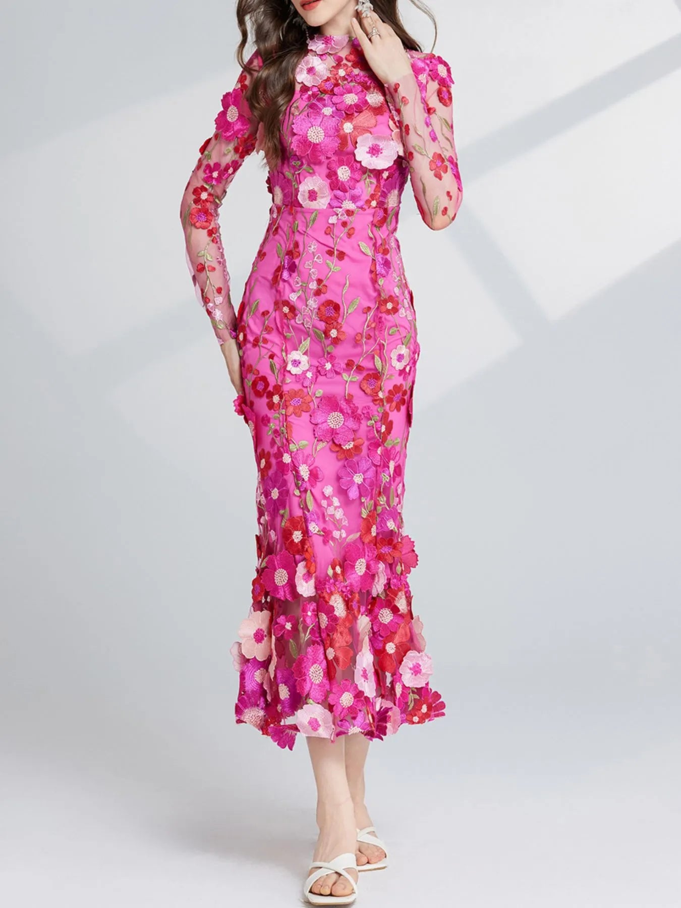 Floral Embroidered Mesh Long Sleeve Midi Dress - Image 13