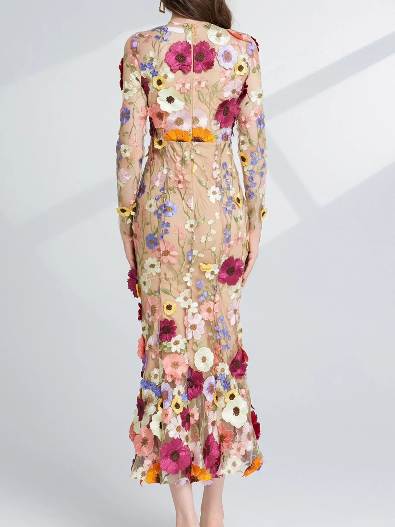 Floral Embroidered Mesh Long Sleeve Midi Dress - Image 6
