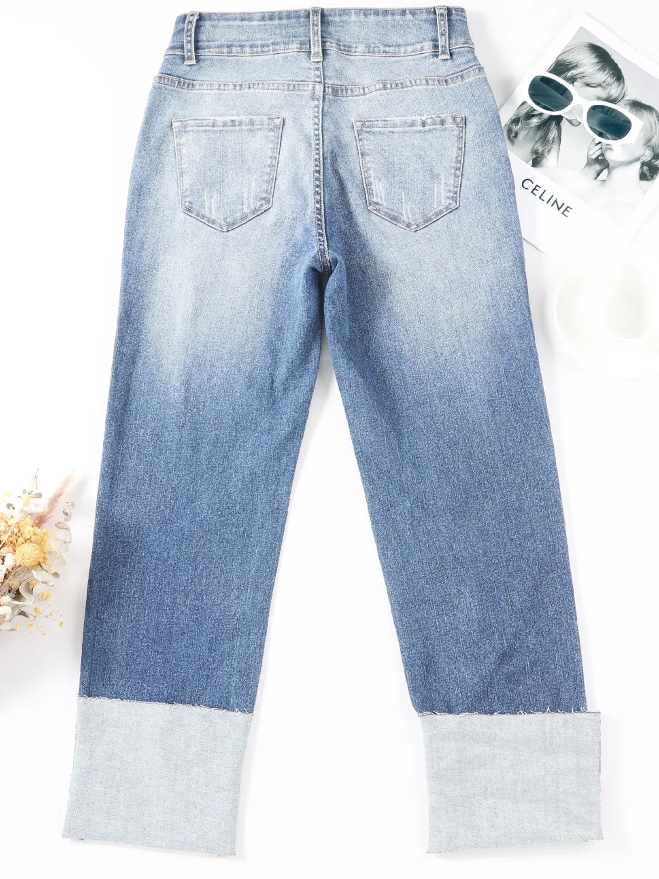 minbolu High Waist Jeans Distressed Straight Leg Blue Light Blue Black - Image 6