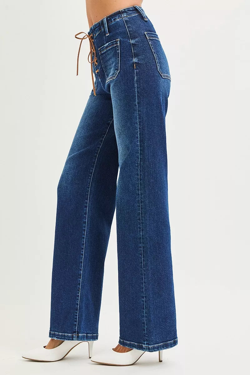 RISEN Full Size High Rise Wide Leg Jeans with Front Tie Detail Plus Size - Image 3