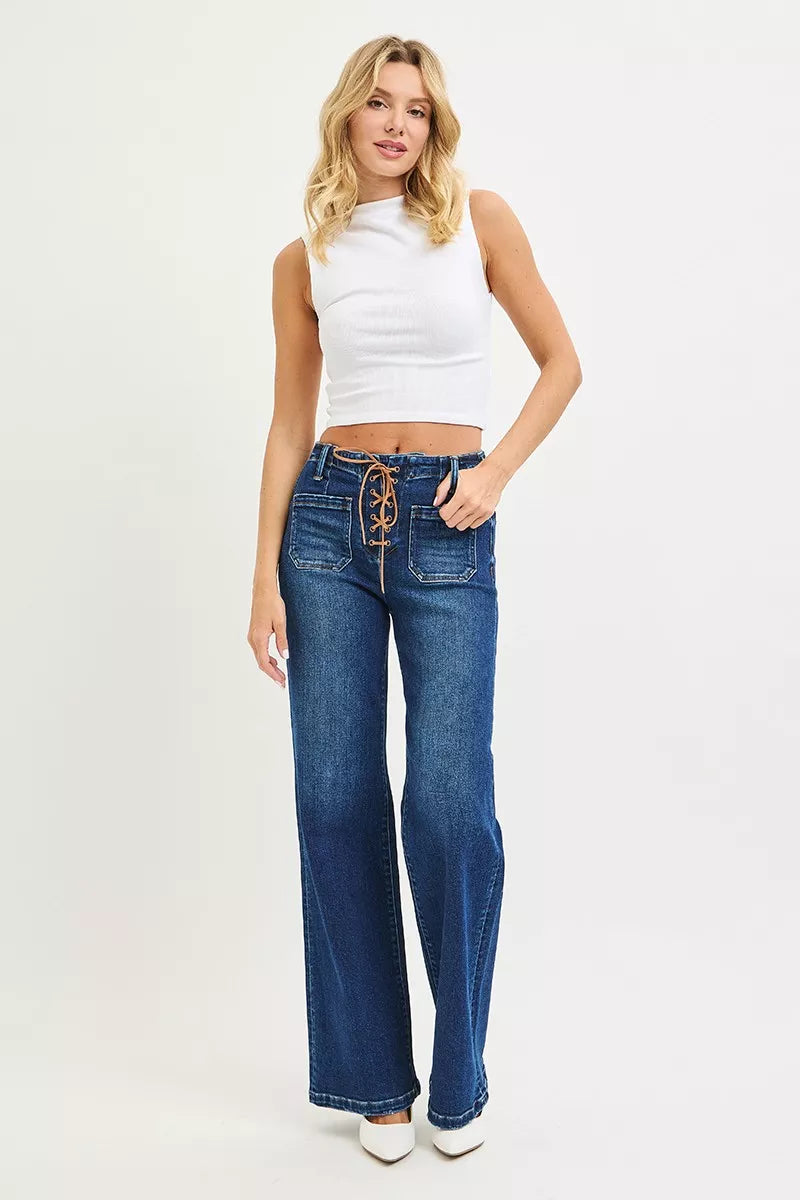 RISEN Full Size High Rise Wide Leg Jeans with Front Tie Detail Plus Size - Image 5