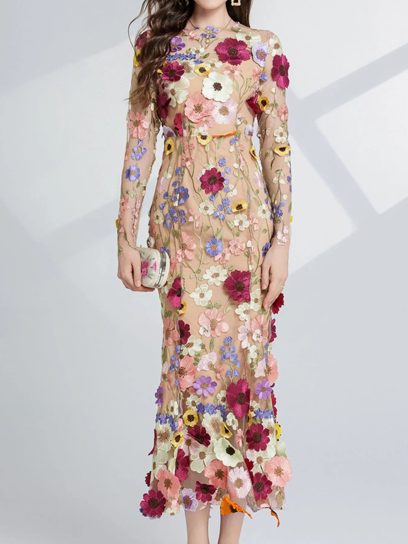 Floral Embroidered Mesh Long Sleeve Midi Dress - Image 2