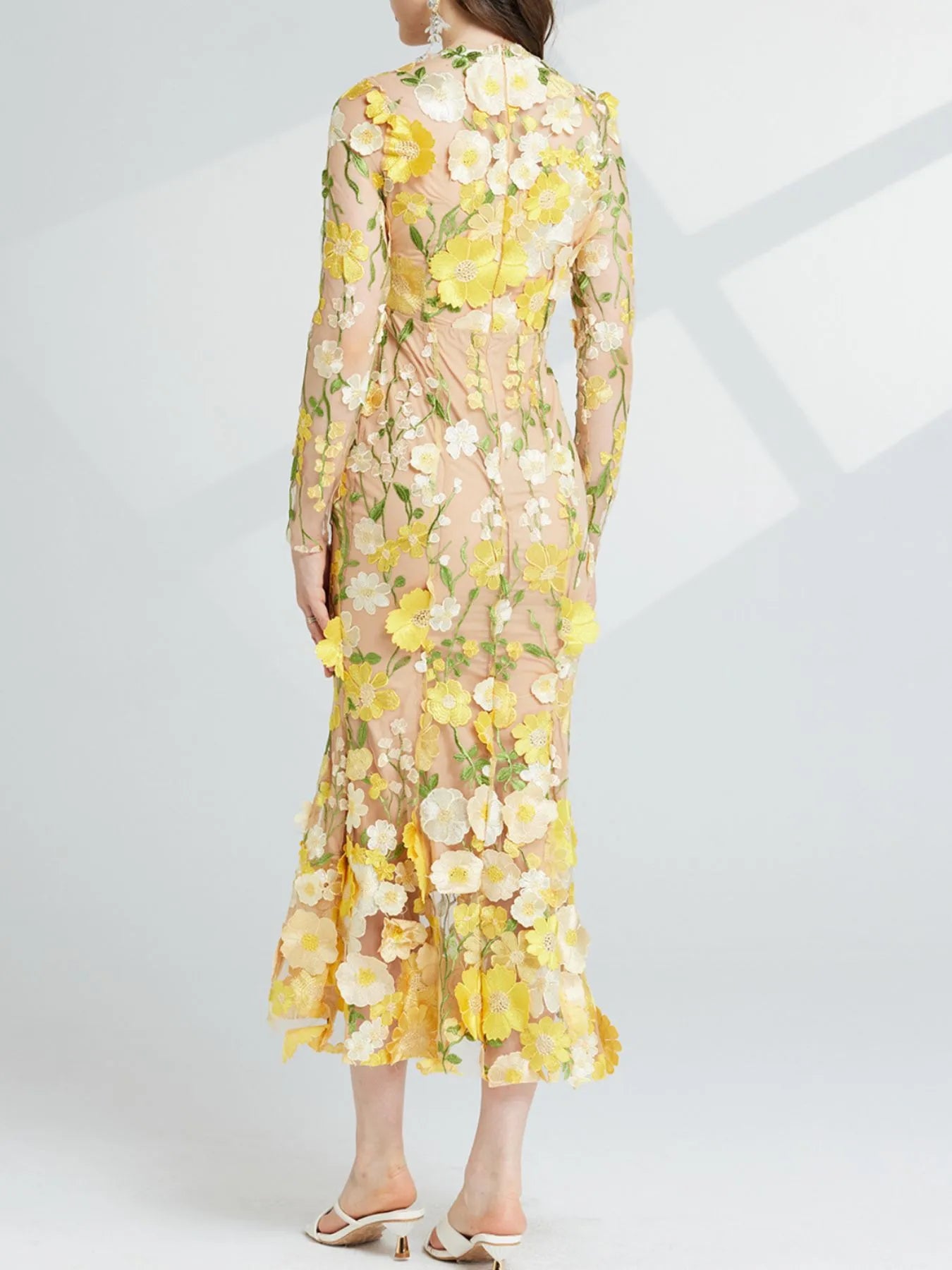 Floral Embroidered Mesh Long Sleeve Midi Dress - Image 23