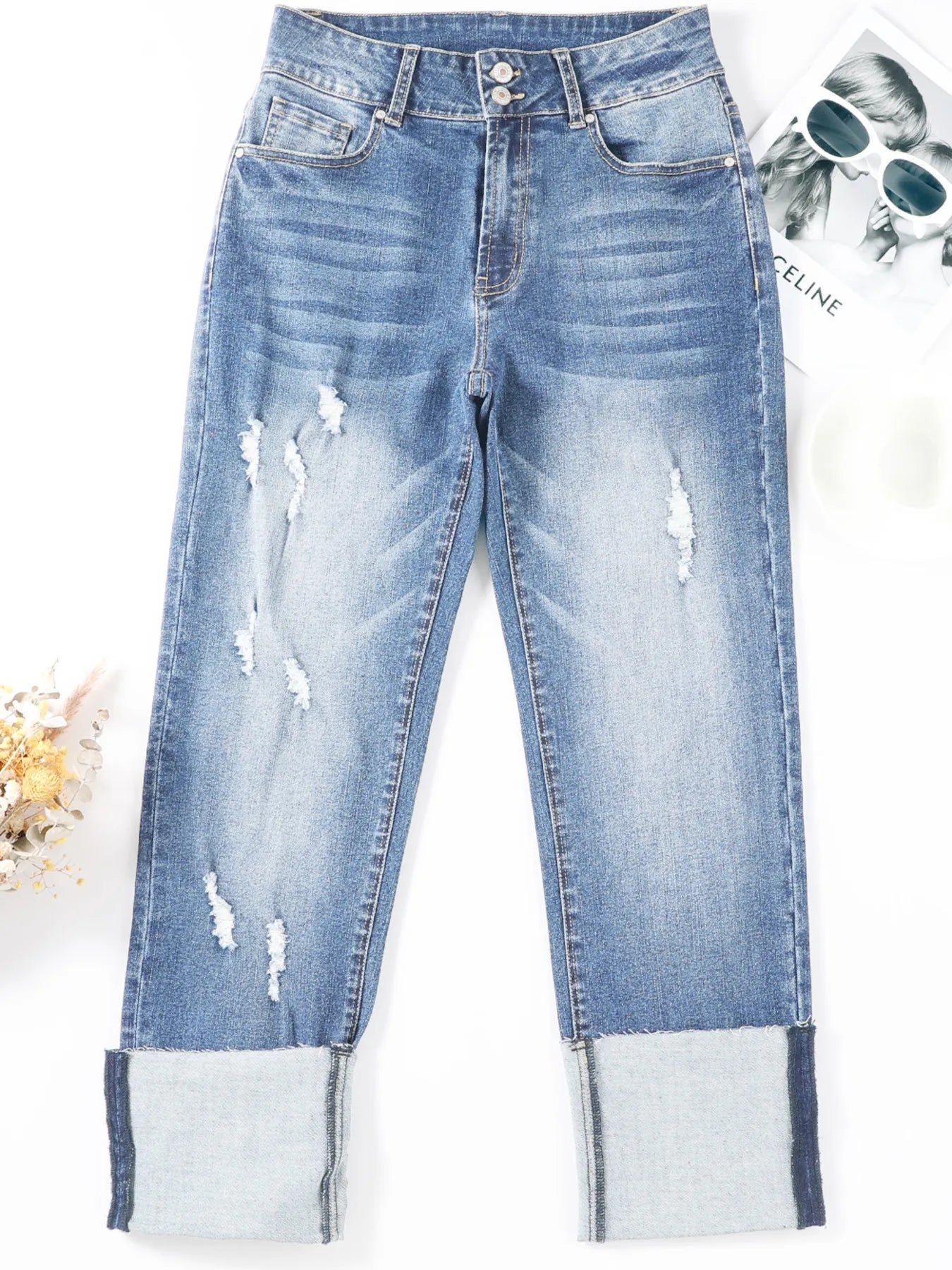 minbolu High Waist Jeans Distressed Straight Leg Blue Light Blue Black - Image 5