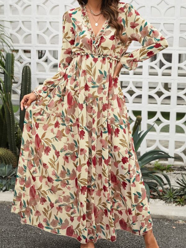 minbolu Floral Frill Trim Flounce Sleeve Plunge Maxi Dress