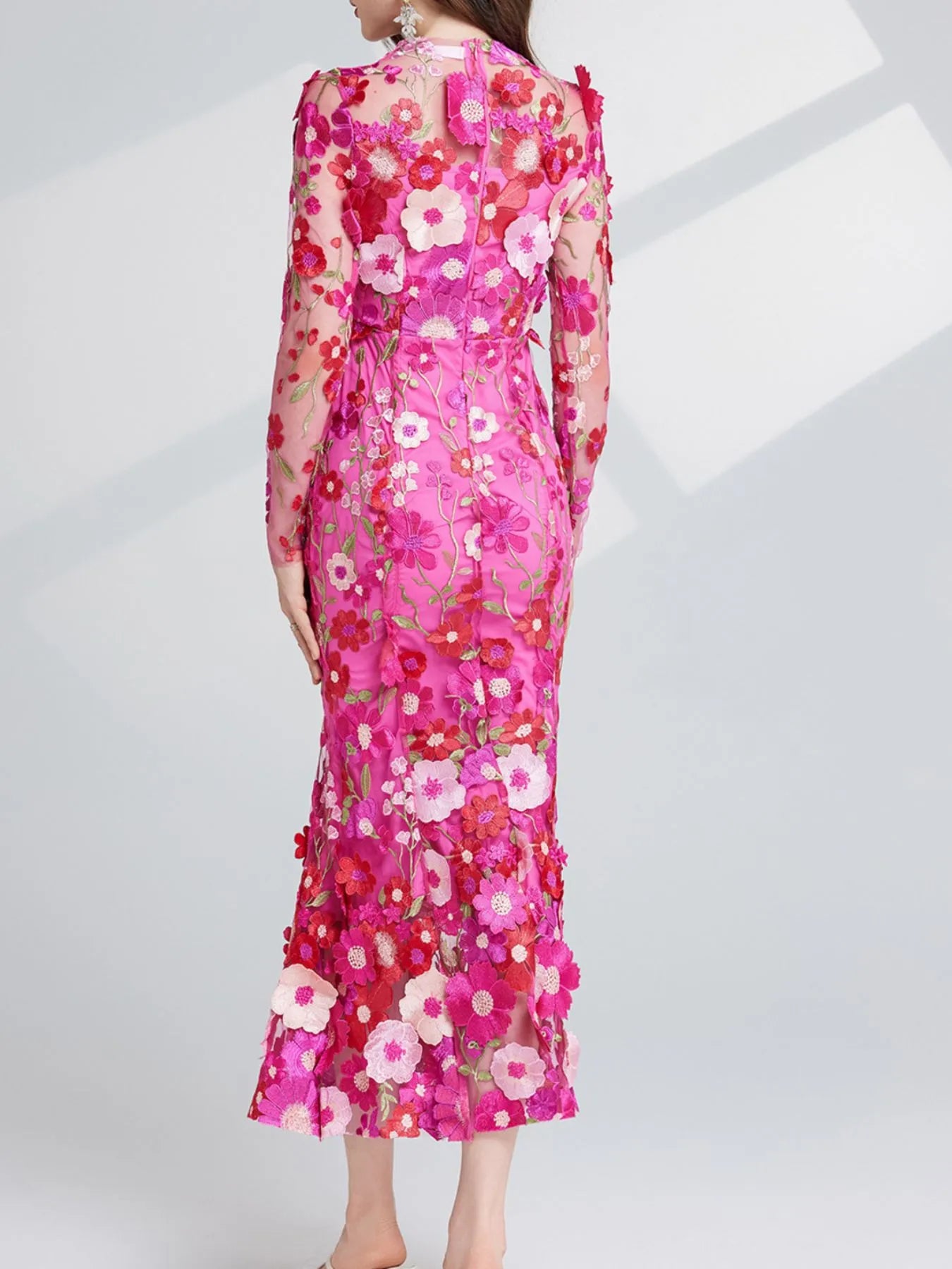 Floral Embroidered Mesh Long Sleeve Midi Dress - Image 17