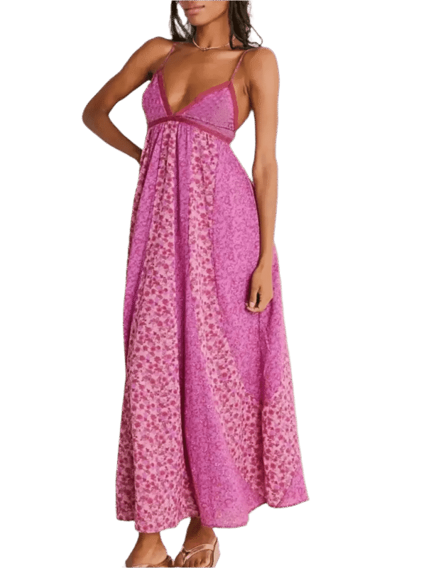 minbolu Floral Maxi Cami Dress | Rose Red Boho V-Neck Sleeveless Maxi Dress