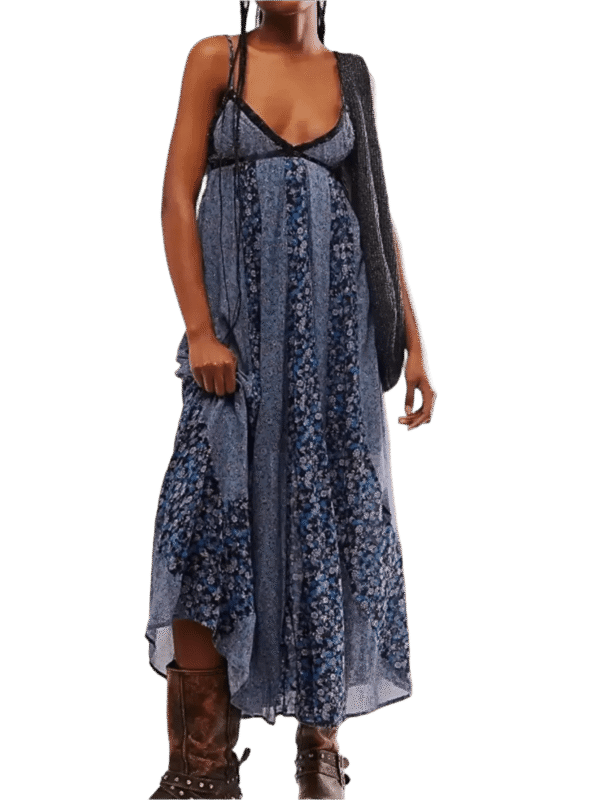 minbolu Floral Maxi Cami Dress | Blue Boho V-Neck Sleeveless Maxi Dress