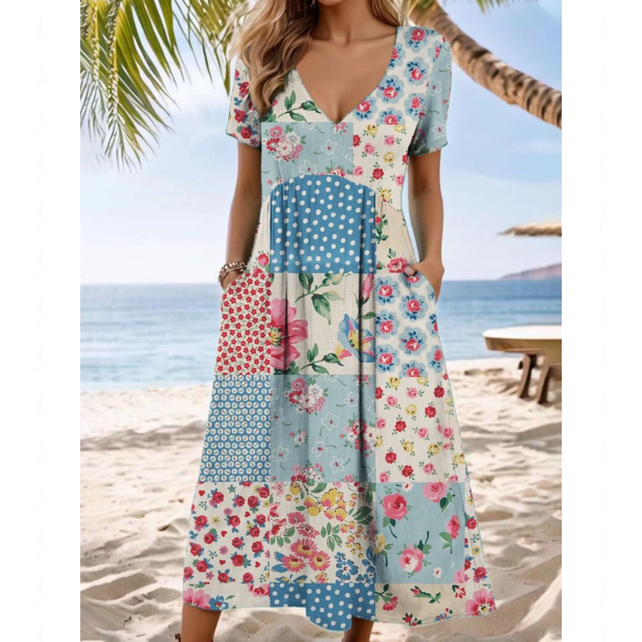 Full Size Floral V-Neck Casual Midi Dress Plus Size - Image 3