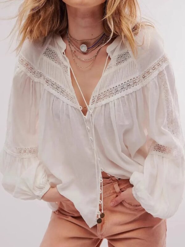 Button-Down Lace Trim Balloon Sleeve Blouse