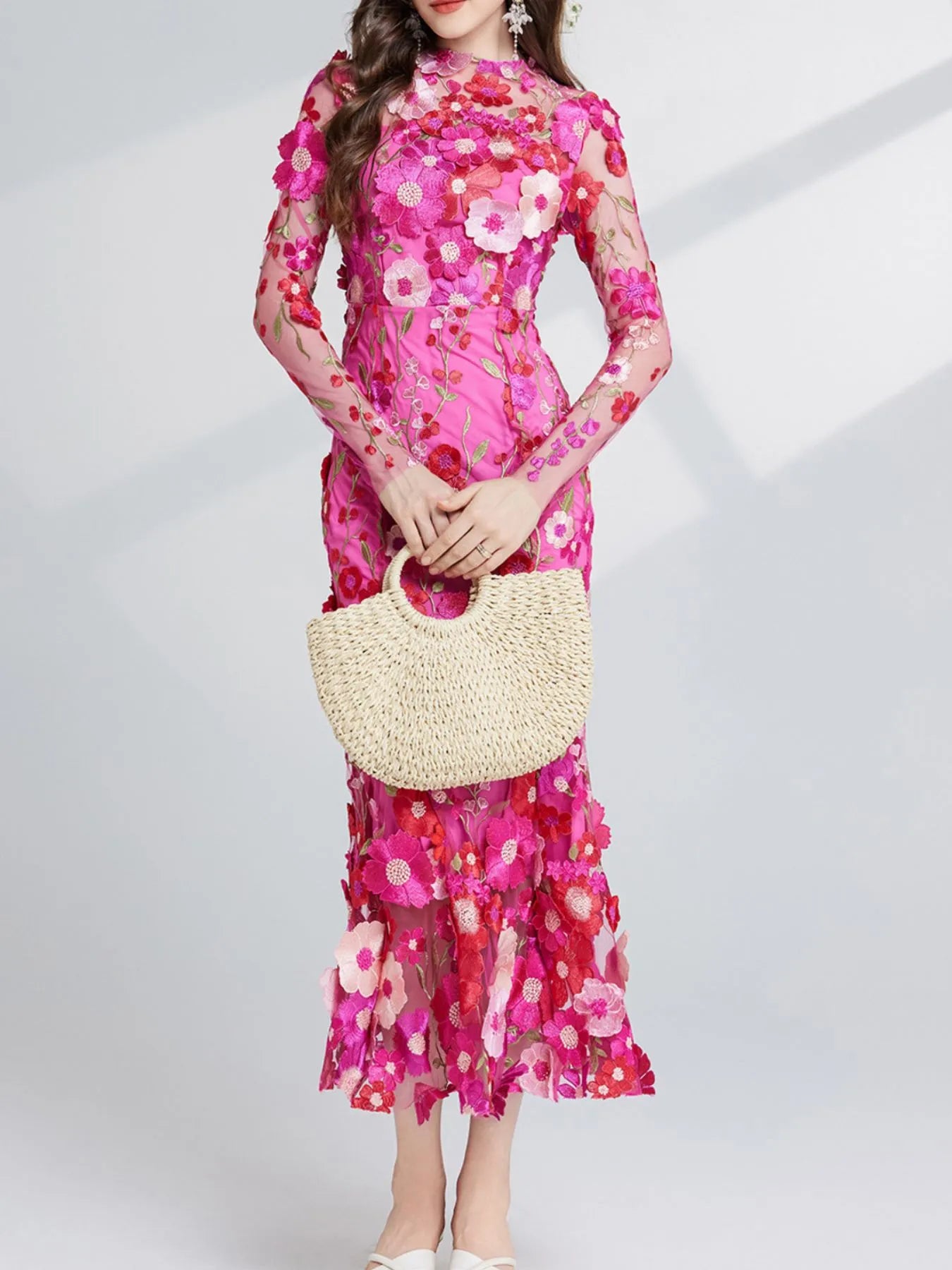 Floral Embroidered Mesh Long Sleeve Midi Dress - Image 14