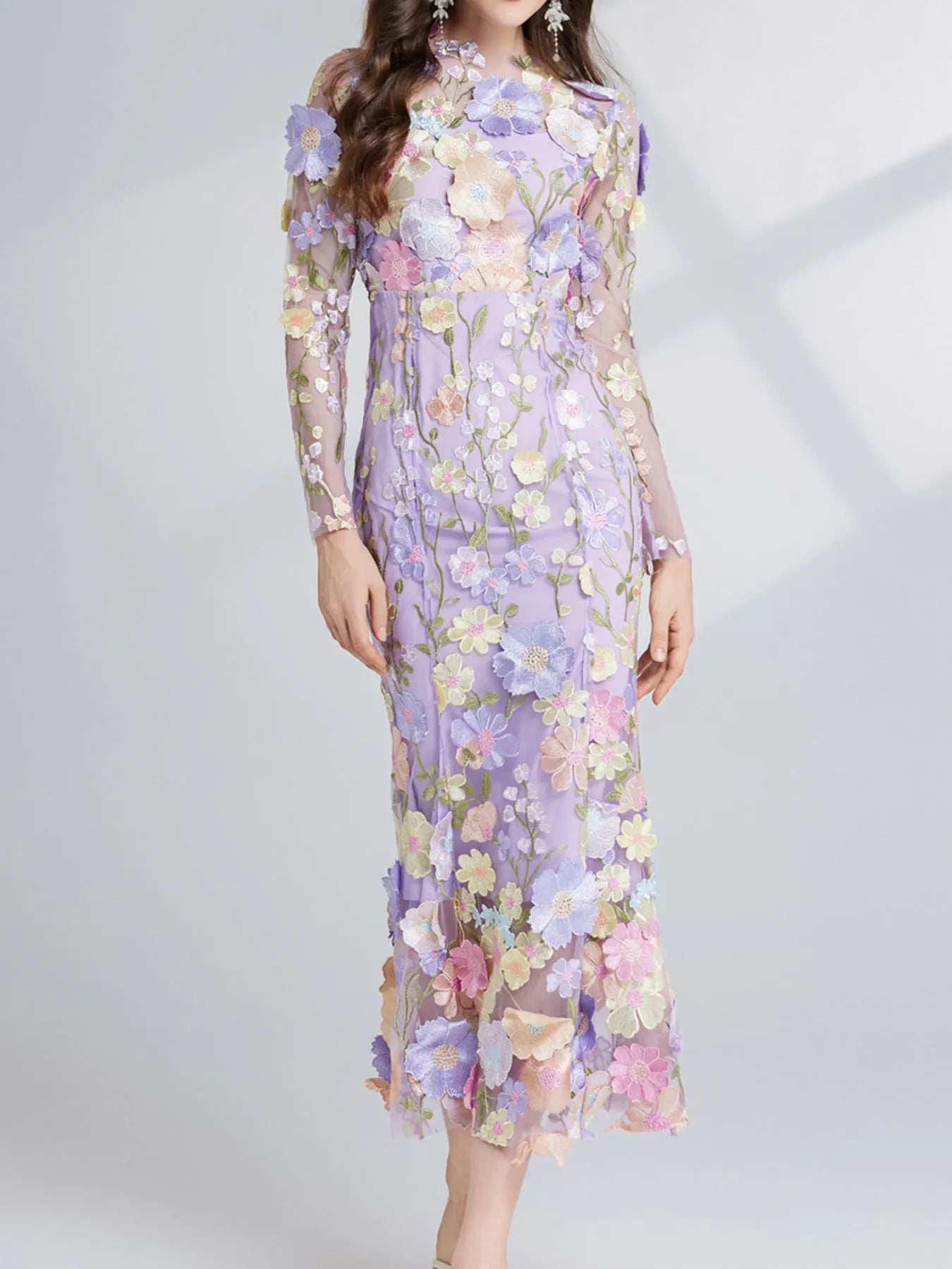 Floral Embroidered Mesh Long Sleeve Midi Dress - Image 10
