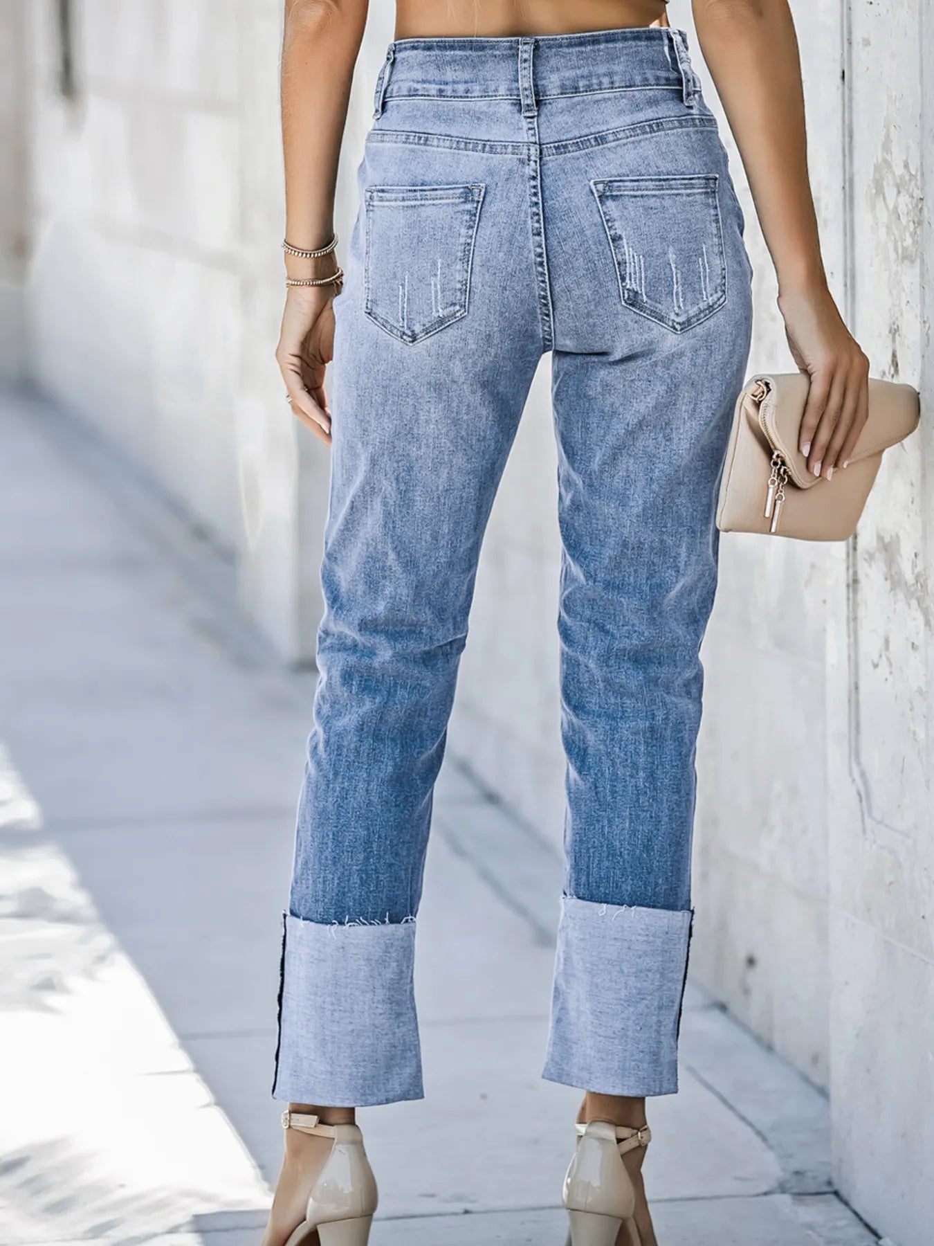 minbolu High Waist Jeans Distressed Straight Leg Blue Light Blue Black - Image 3