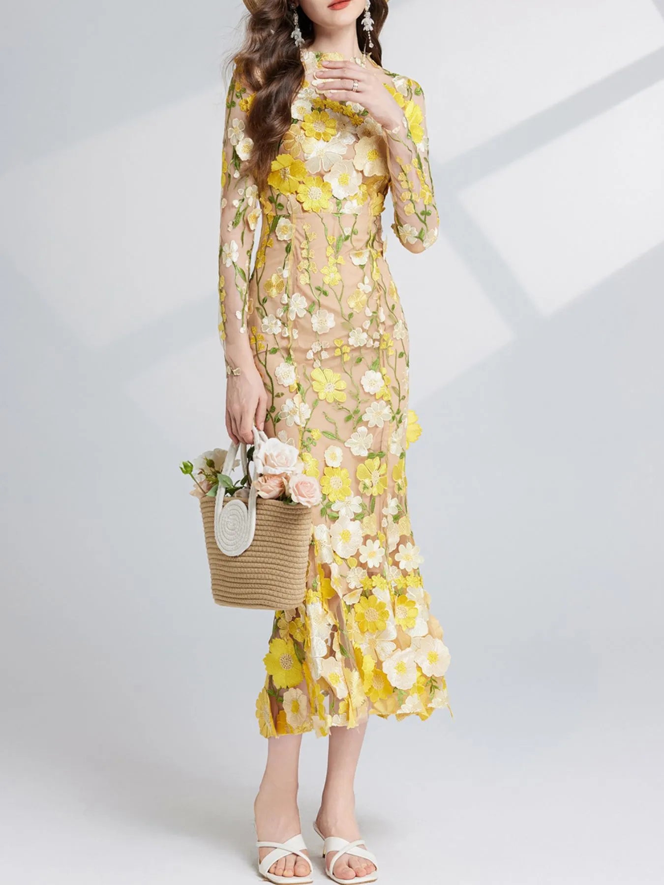 Floral Embroidered Mesh Long Sleeve Midi Dress - Image 20