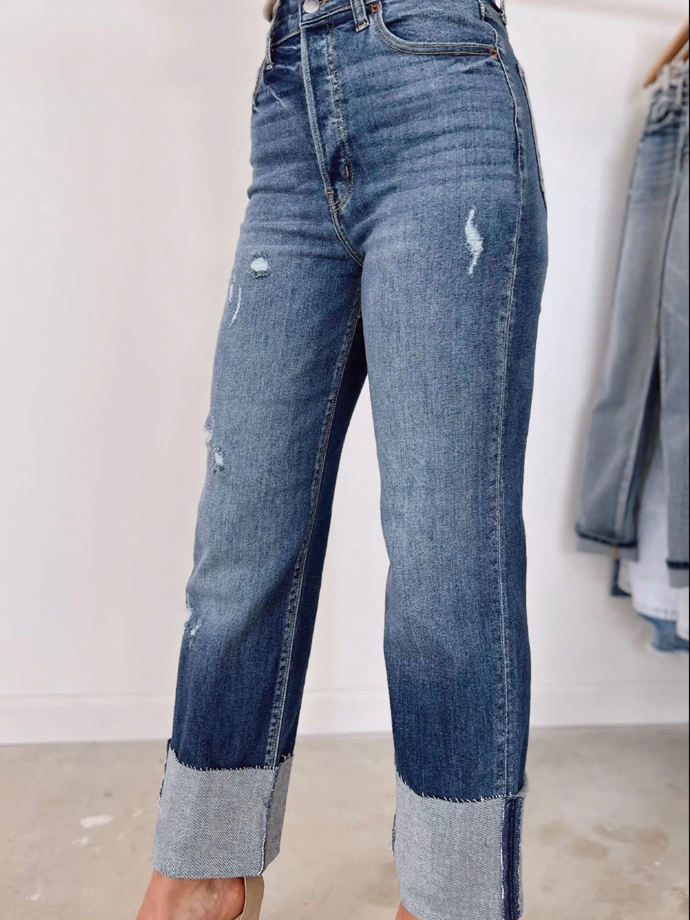 minbolu High Waist Jeans Distressed Straight Leg Blue Light Blue Black - Image 13
