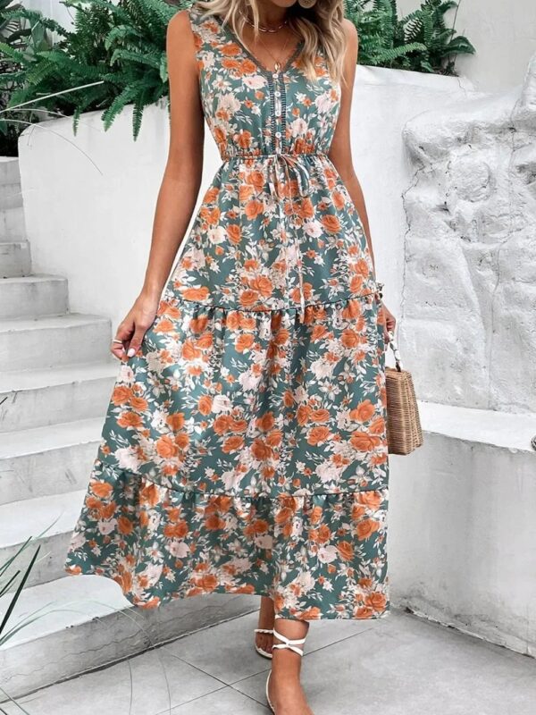 Floral Print Trimmed V Neck Tie Waist Sleeveless Dress