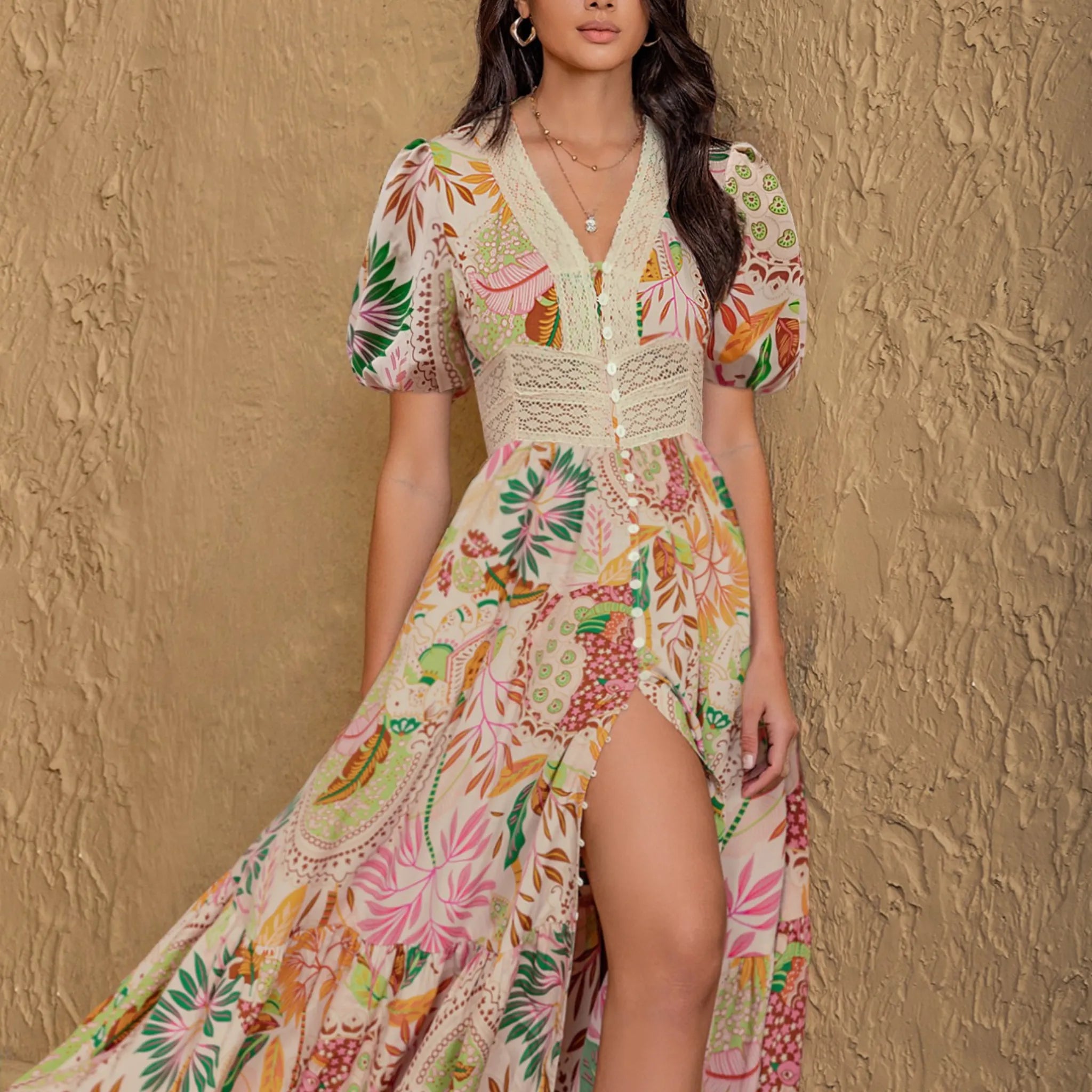 Lace Trim Floral Print Puff Sleeve Dress - Image 4