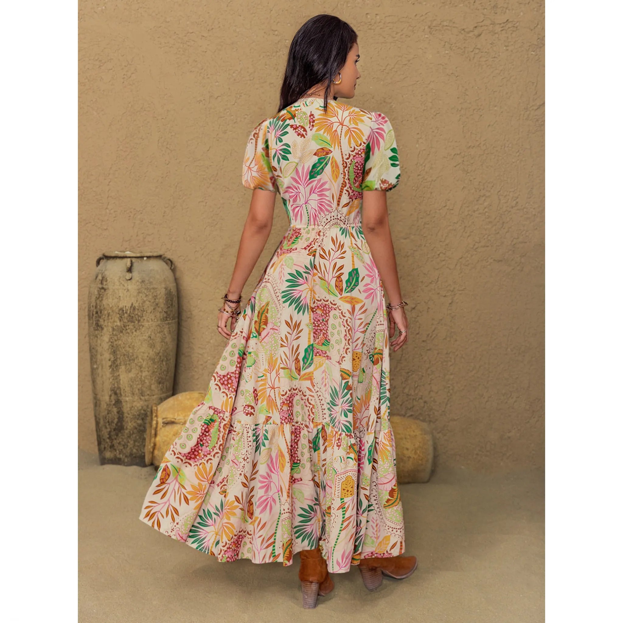 Lace Trim Floral Print Puff Sleeve Dress - Image 3