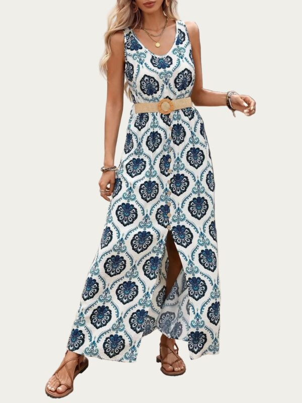 minbolu Printed Slit Sleeveless Maxi Dress