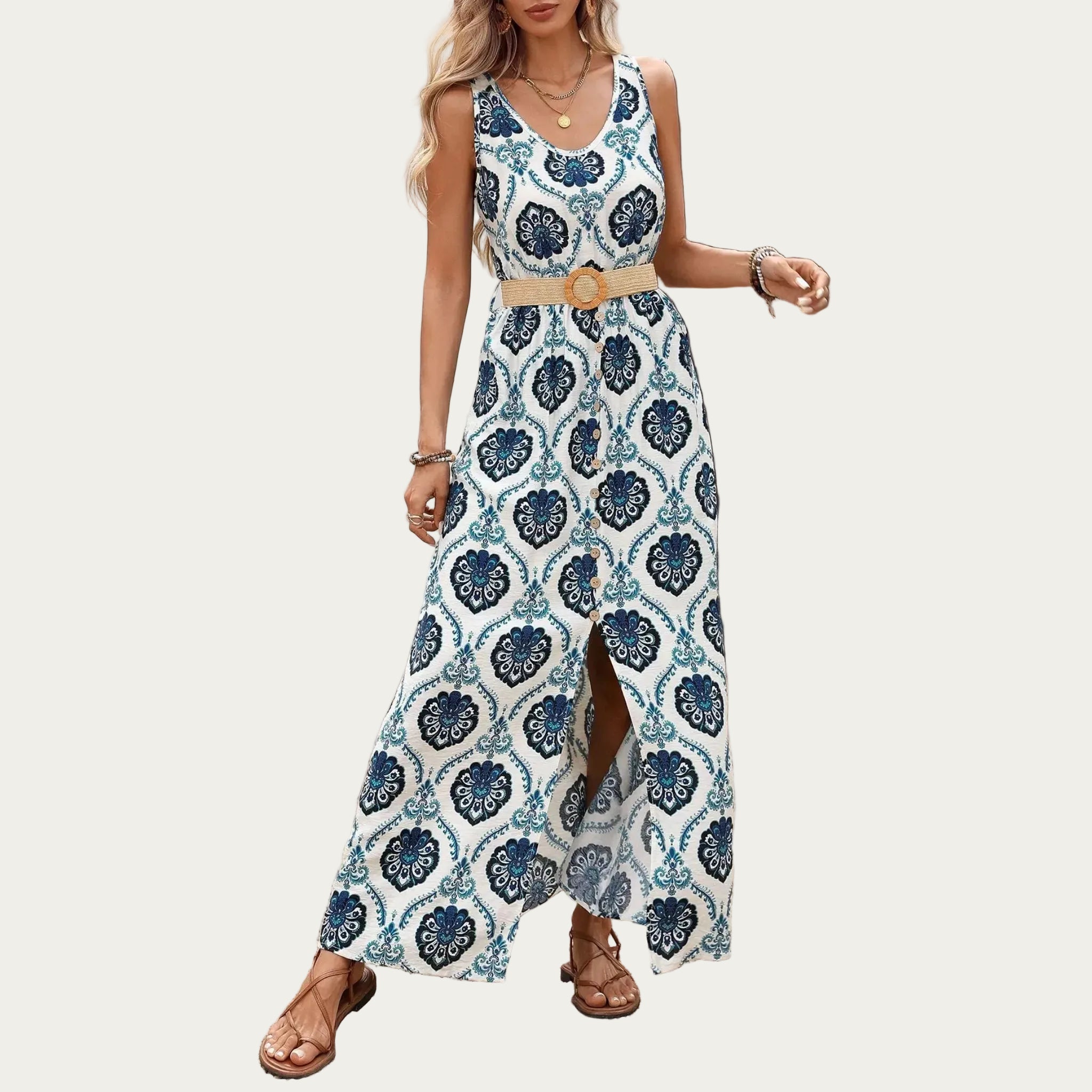 minbolu Printed Slit Sleeveless Maxi Dress