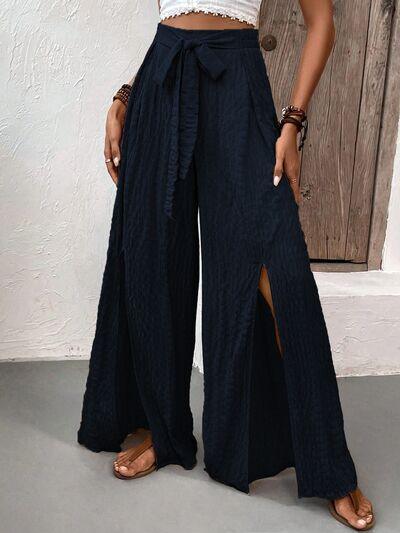 Tie Waist Wide Leg Pants with Slit: Dark Navy
