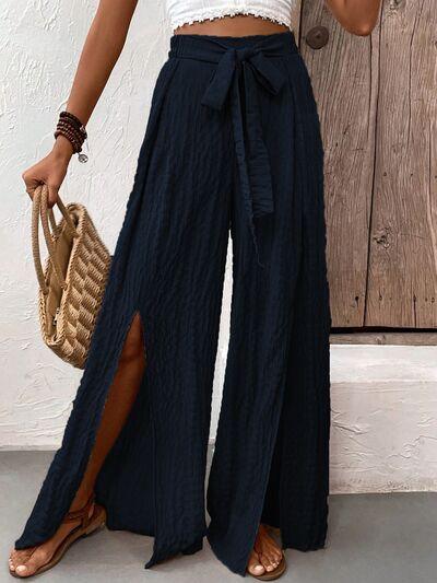 Tie Waist Wide Leg Pants with Slit: Dark Navy - Image 5