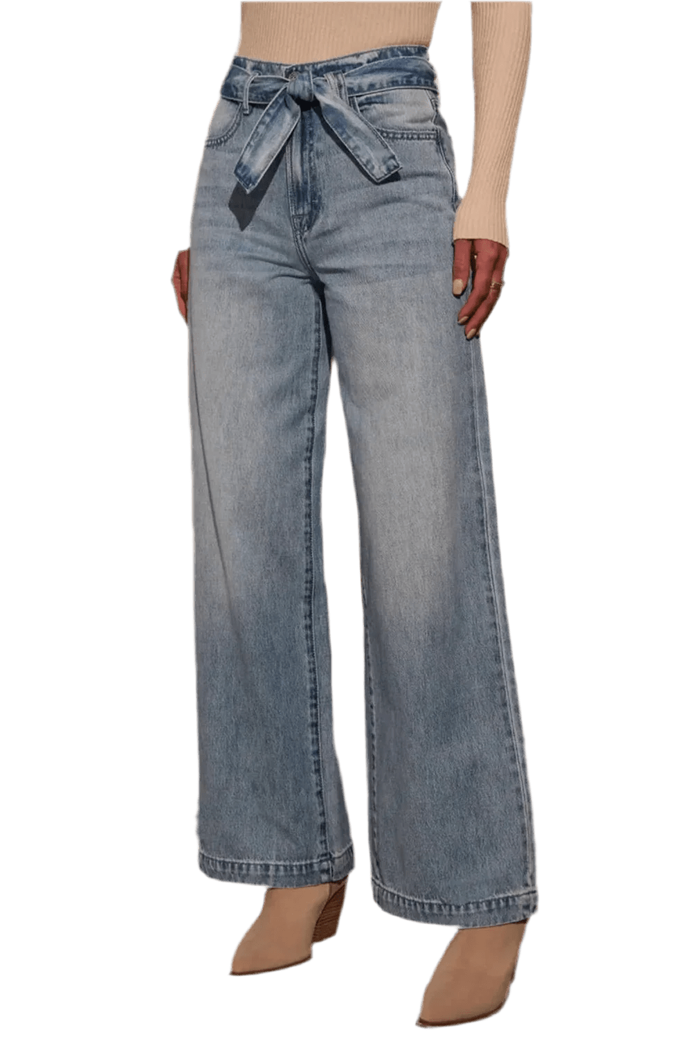 Tied Wide Leg Jeans with Pockets - Relaxed Fit Rayon Blend - Image 2
