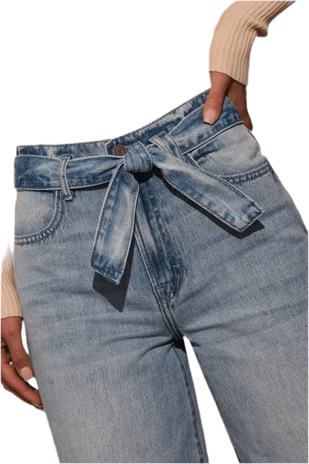 Tied Wide Leg Jeans with Pockets - Relaxed Fit Rayon Blend - Image 4