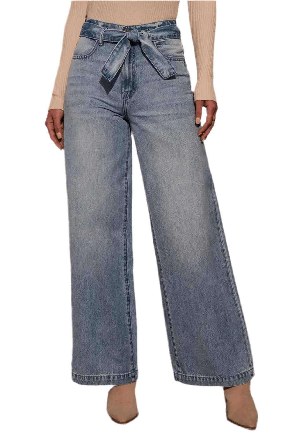 Tied Wide Leg Jeans with Pockets - Relaxed Fit Rayon Blend