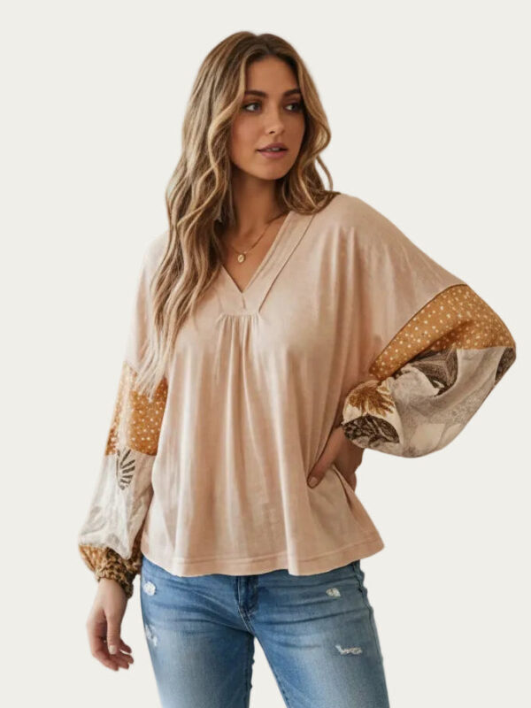 minbolu Natural Floral V-Neck Blouse, Cotton Long Sleeve Boho Top, Mixed Pattern Women's Shirt