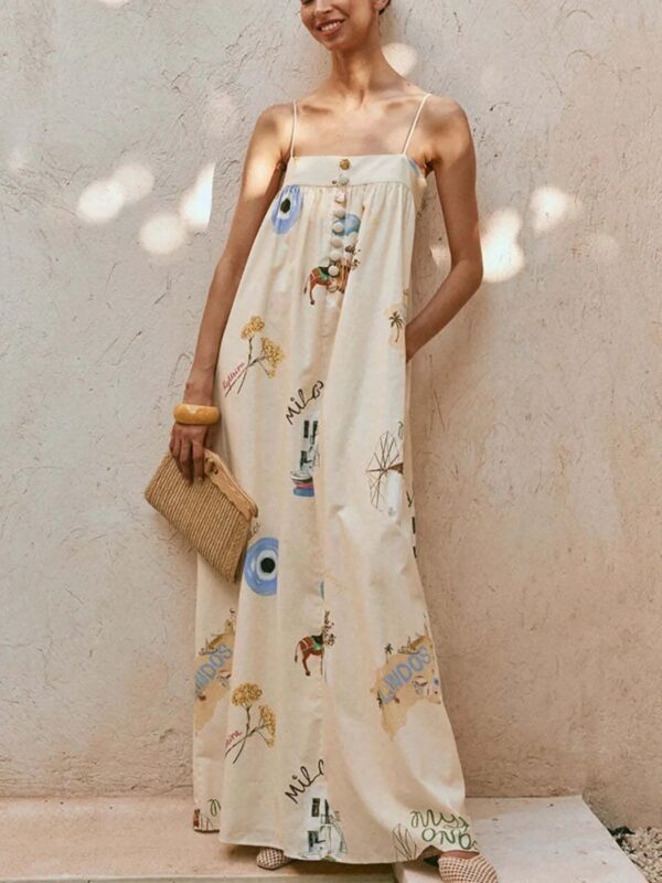 Women's Maxi Dress - Bohemian Print Cami with Pockets Long Dress