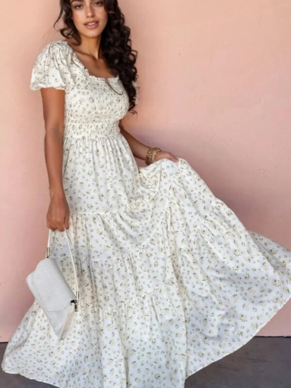Women's Maxi Dress - Floral Smocked Boho Dress with Puff Sleeves